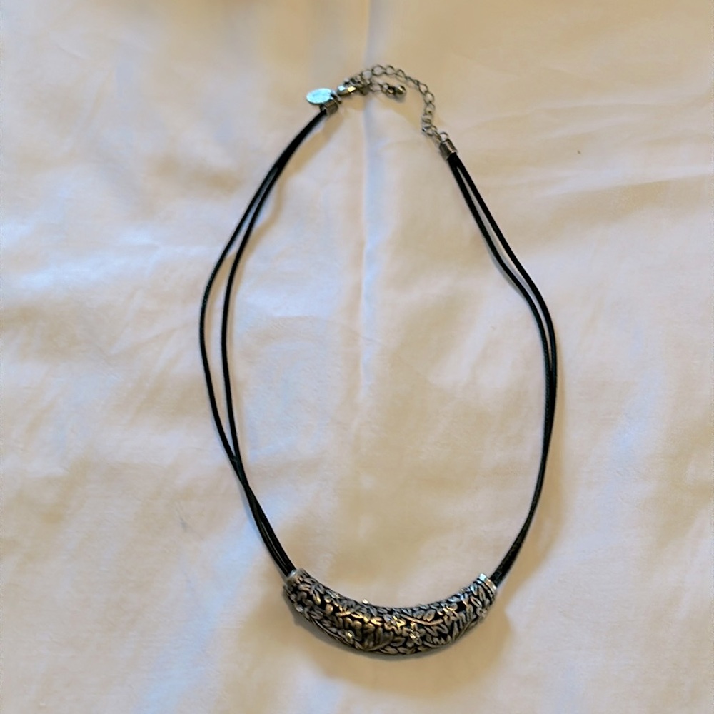 Lia Sophia necklace with satin cord, silver curved floral pendant, 18 inches